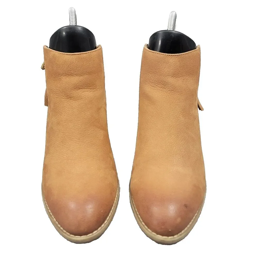 Vionic Womens Sz 9 Sterling Leather Suede Ankle Boot Camel Side Zip 2.5' Heel